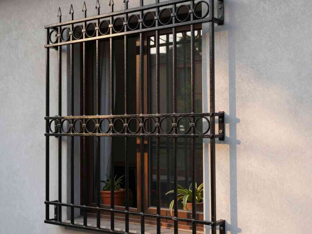 Reja de hierro negro con lanzas y aros decorativos en una ventana