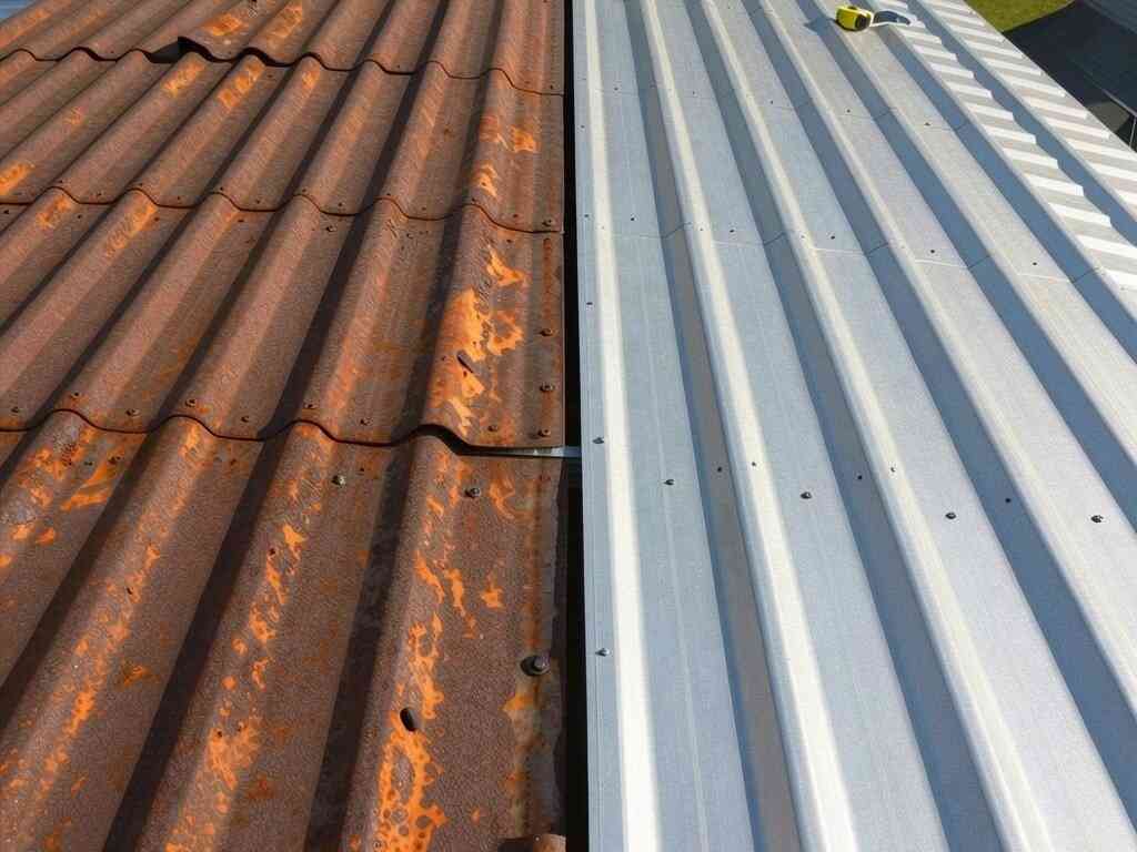 Techo de chapa oxidada junto a un tramo de chapa nueva que la reemplaza