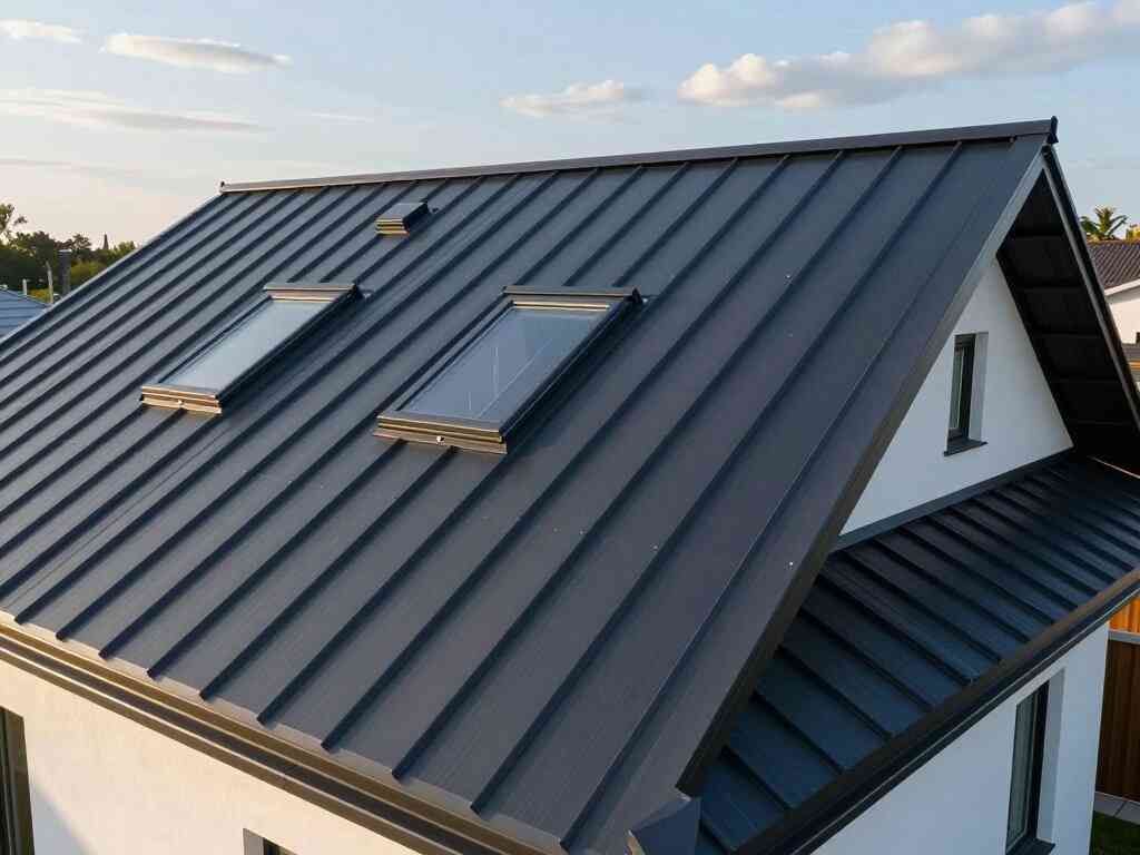 Techo de chapa gris de una vivienda con dos ventanas de techo y canaleta
