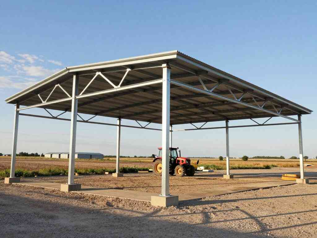 Tinglado abierto con techo de chapa sobre columnas y cabriadas metálicas, con un tractor debajo